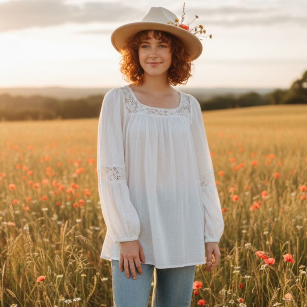 Diane Gilman for CaBal White Lace Women's Boho Flowy Top size S